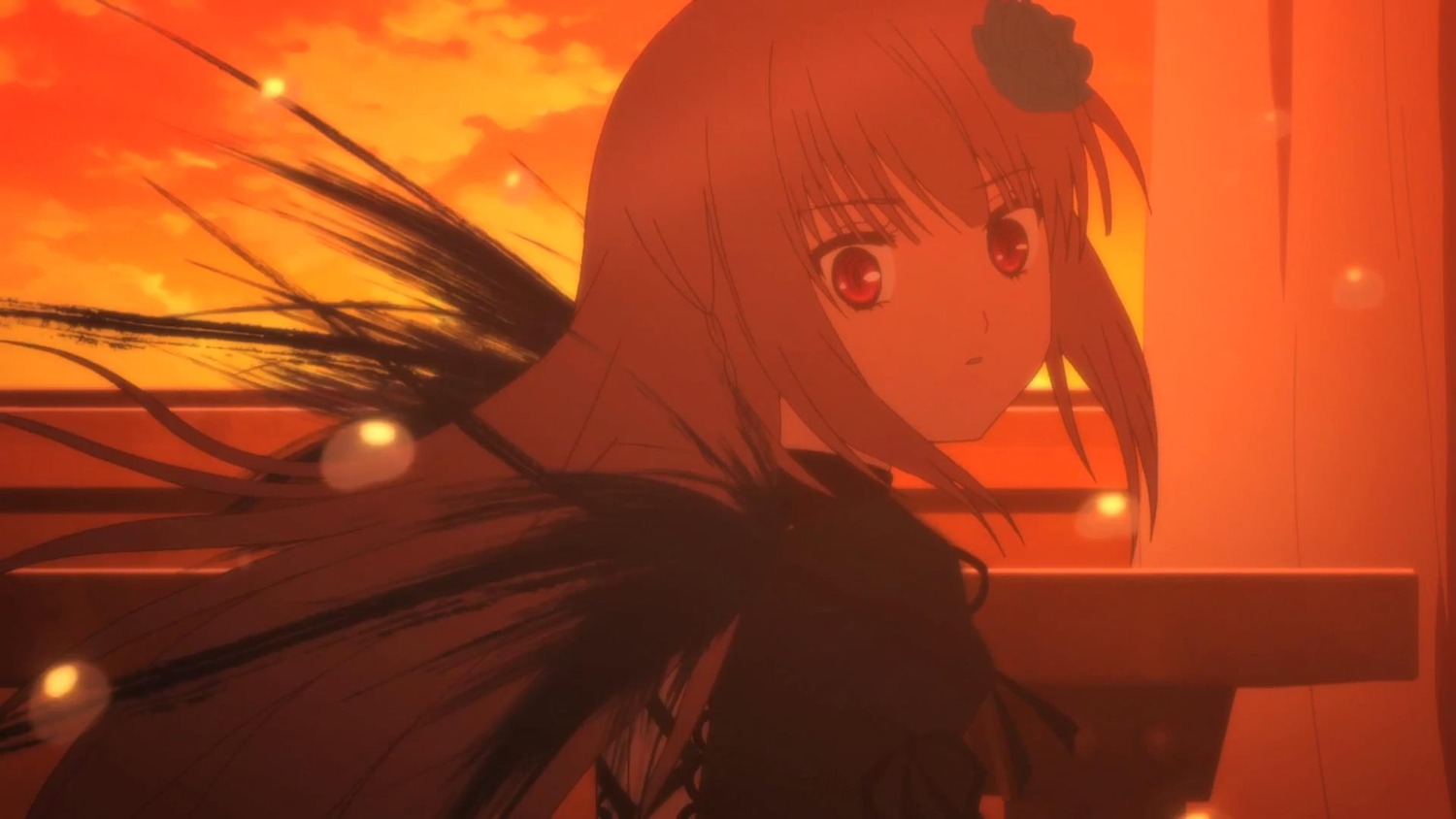 1girl bangs cloud eyebrows_visible_through_hair flower hair_flower hair_ornament image long_hair looking_at_viewer red_eyes sky solo suigintou sunset upper_body wings