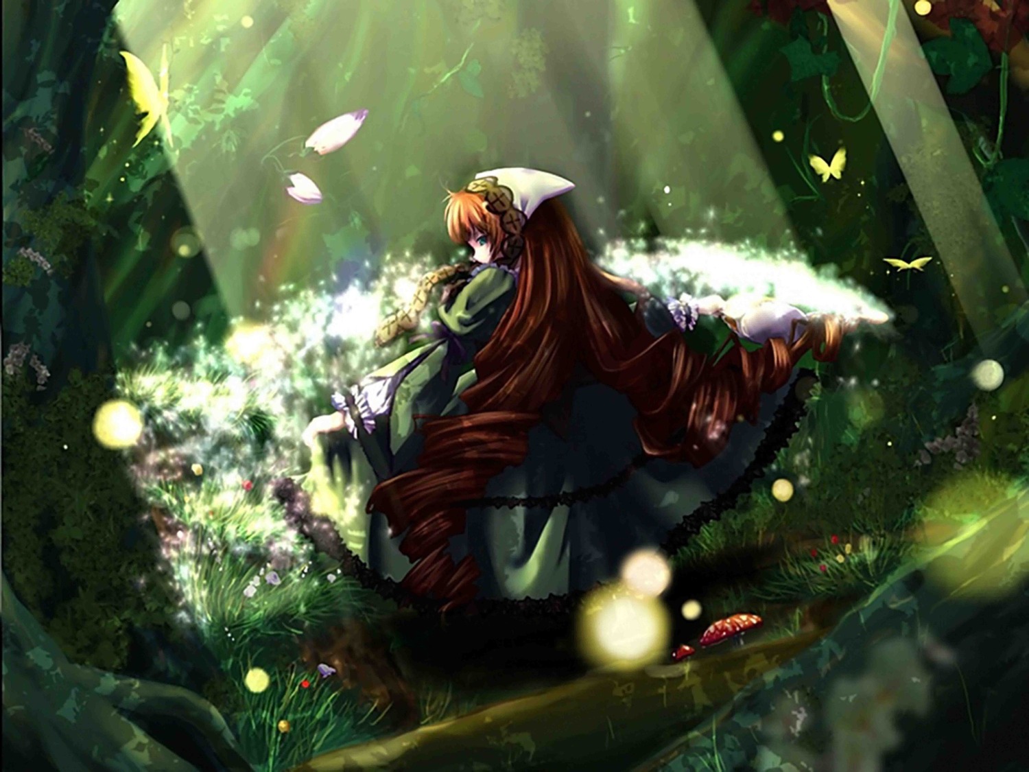 1girl artist_request blonde_hair blue_butterfly brown_hair bug butterfly clothes_lift dress drill_hair flower fly_agaric forest frilled_sleeves frills green_dress green_eyes headdress image insect long_dress long_hair long_sleeves looking_at_viewer looking_back mushroom nature outdoors outstretched_arms petals rainbow rozen_maiden skirt skirt_lift solo sparkle standing suiseiseki twin_drills very_long_hair