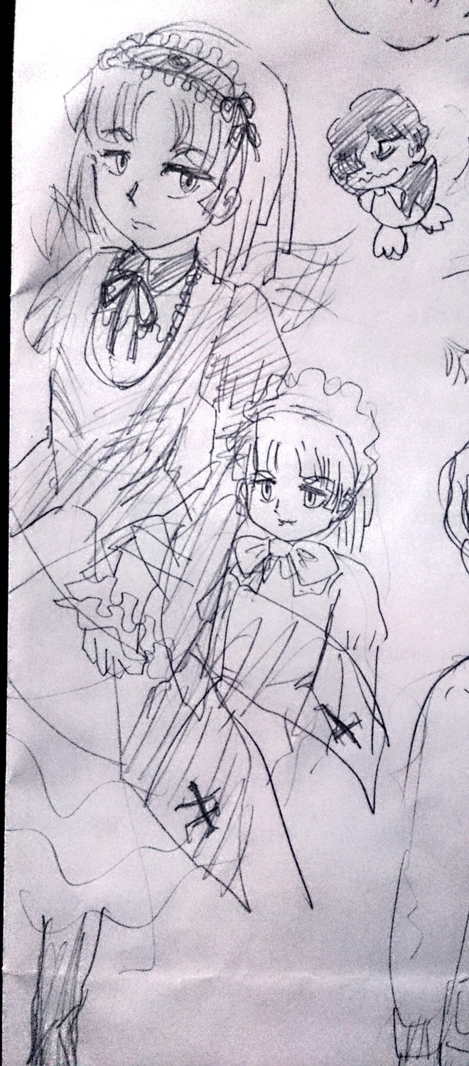 3girls dress image long_sleeves looking_at_viewer monochrome multiple_girls pair shinku short_hair siblings sisters sketch suigintou wings