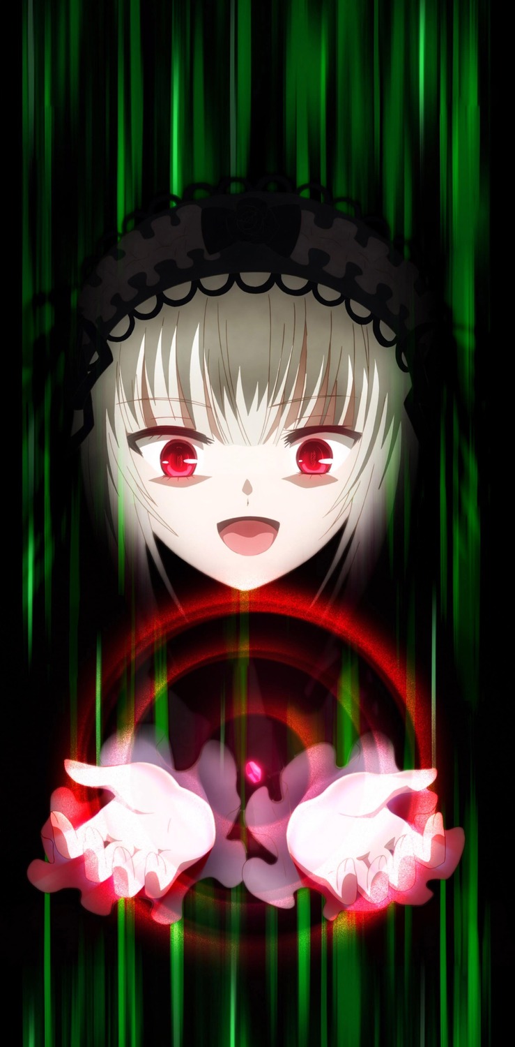 1girl :d bangs black_background dress eyebrows_visible_through_hair hairband image long_hair looking_at_viewer open_mouth red_eyes silver_hair smile solo suigintou