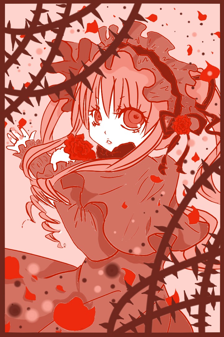 1girl black_border border breasts dress flower frills image long_hair long_sleeves monochrome petals red_flower red_rose red_theme rose rose_petals shinku solo thorns