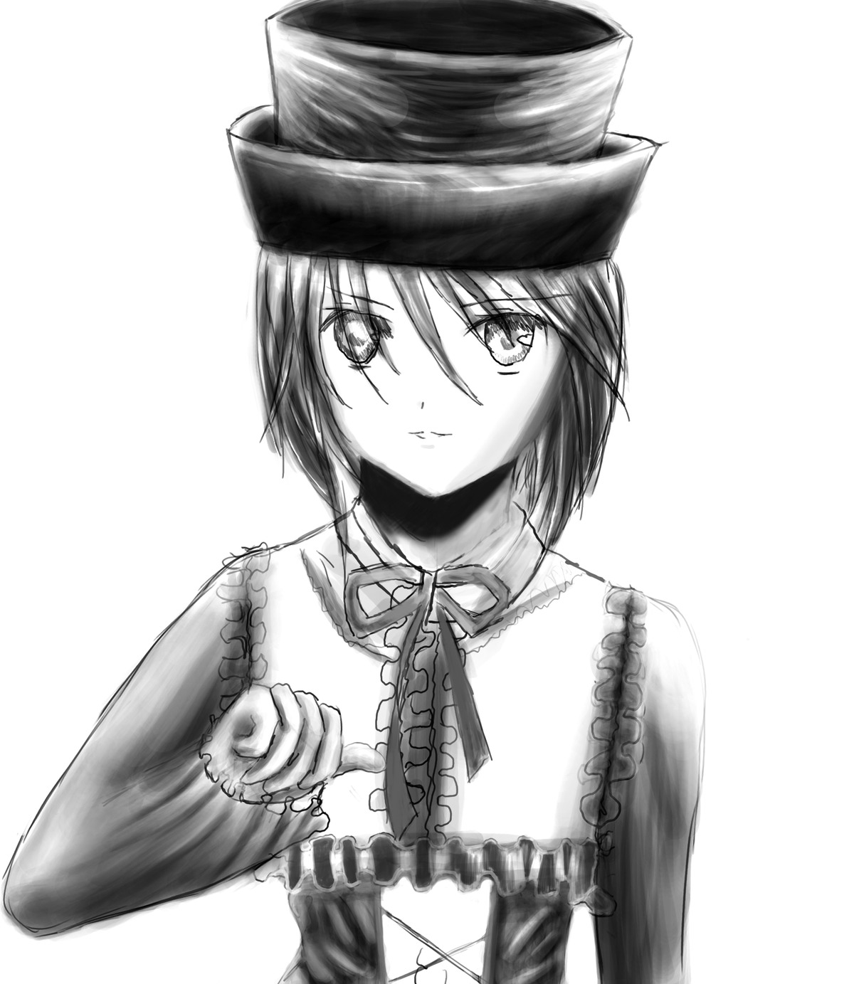 1girl auto_tagged closed_mouth frills greyscale hat image long_sleeves looking_at_viewer monochrome ribbon short_hair solo souseiseki striped vertical_stripes