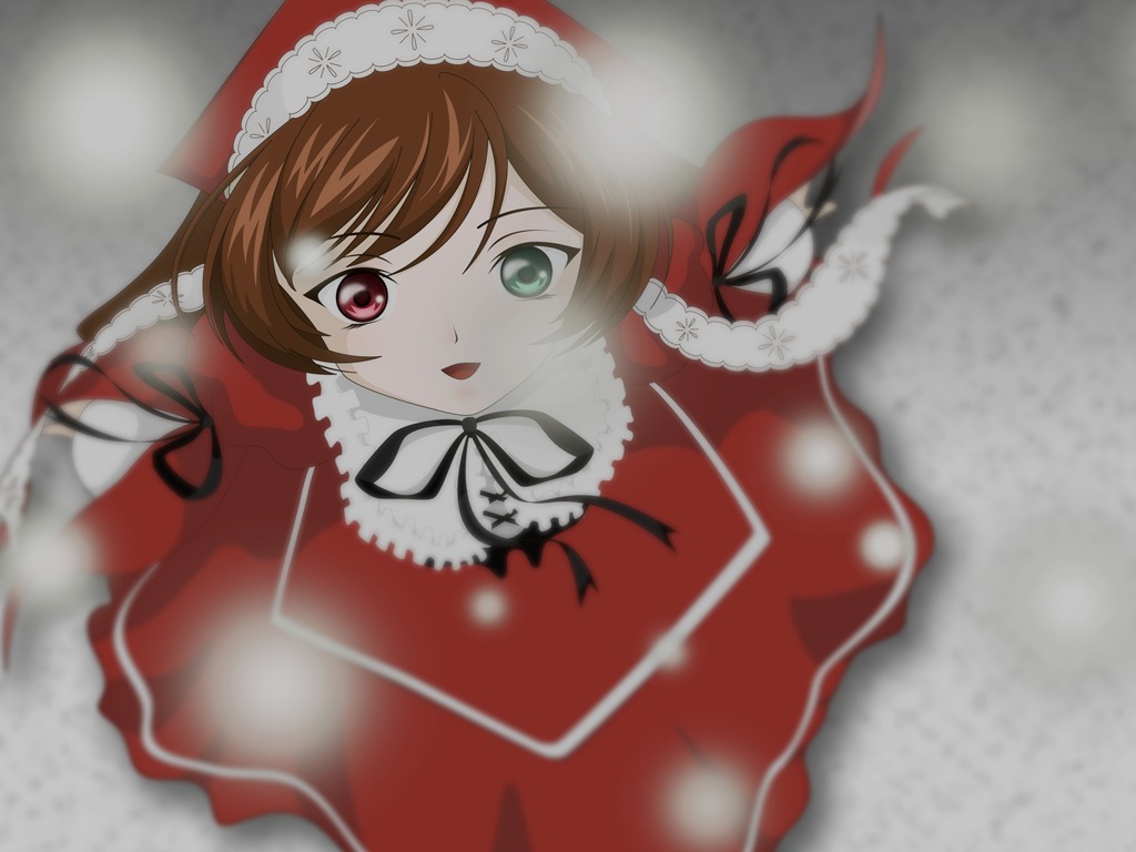 1girl black_ribbon breath brown_hair dress from_above green_eyes hat heterochromia image long_hair long_sleeves looking_at_viewer motion_blur open_mouth red_dress red_eyes ribbon santa_costume smile solo suiseiseki twintails