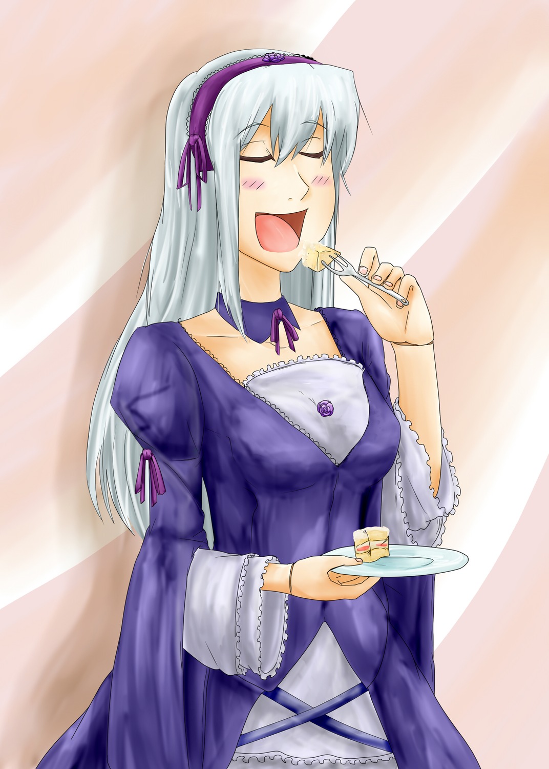 1girl blush choker closed_eyes collarbone dress food frills hairband image juliet_sleeves long_hair long_sleeves open_mouth puffy_sleeves silver_hair smile solo suigintou