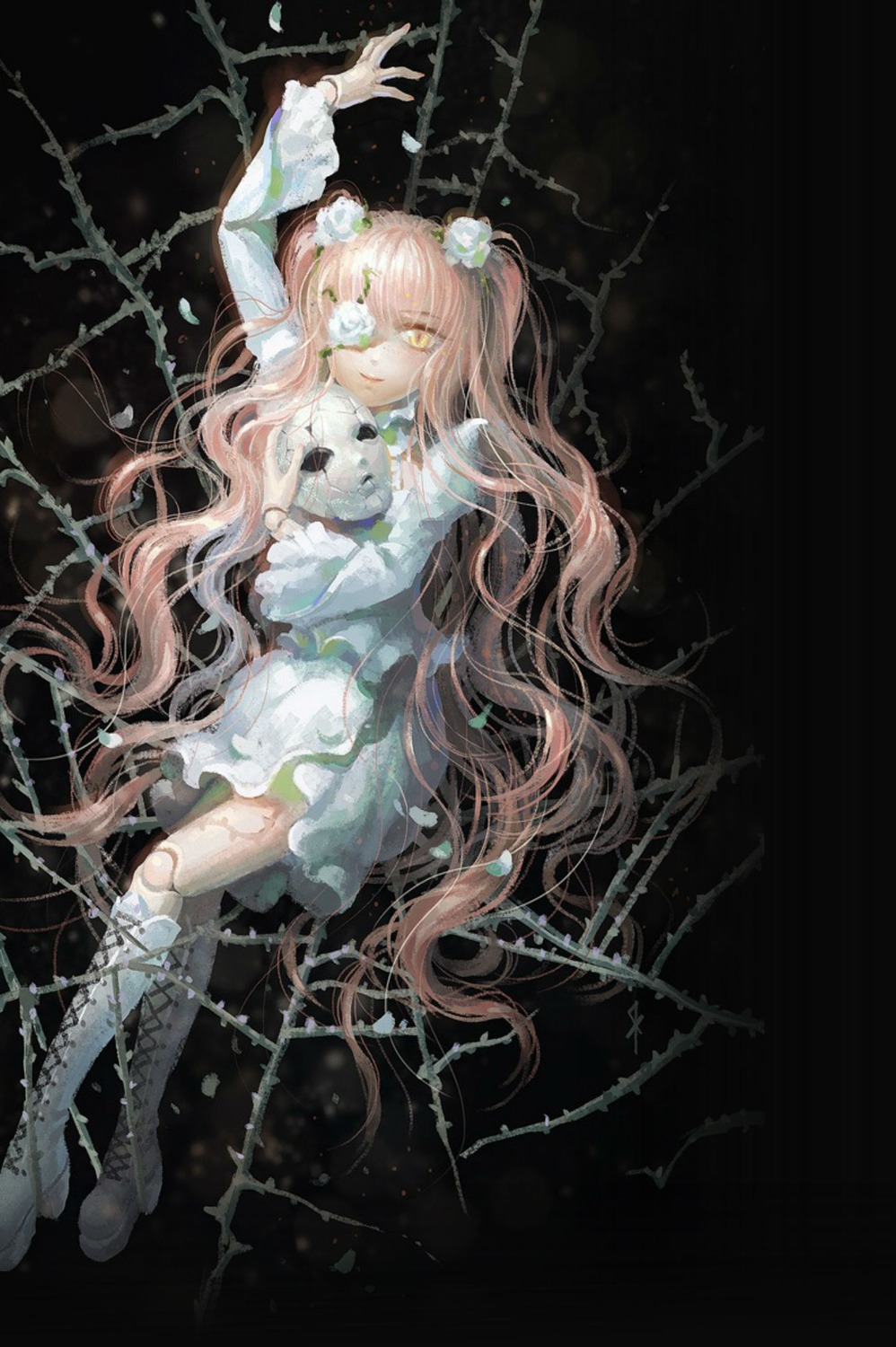 1girl black_background boots cross-laced_footwear dress flower hair_flower image kirakishou knee_boots long_hair long_sleeves pink_hair rose solo thorns very_long_hair vines wavy_hair white_dress white_flower yellow_eyes