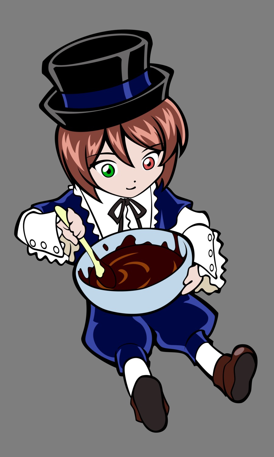 brown_hair full_body green_eyes hat heterochromia holding image long_sleeves looking_at_viewer pants plate red_eyes ribbon short_hair smile solo souseiseki style_parody top_hat transparent_background