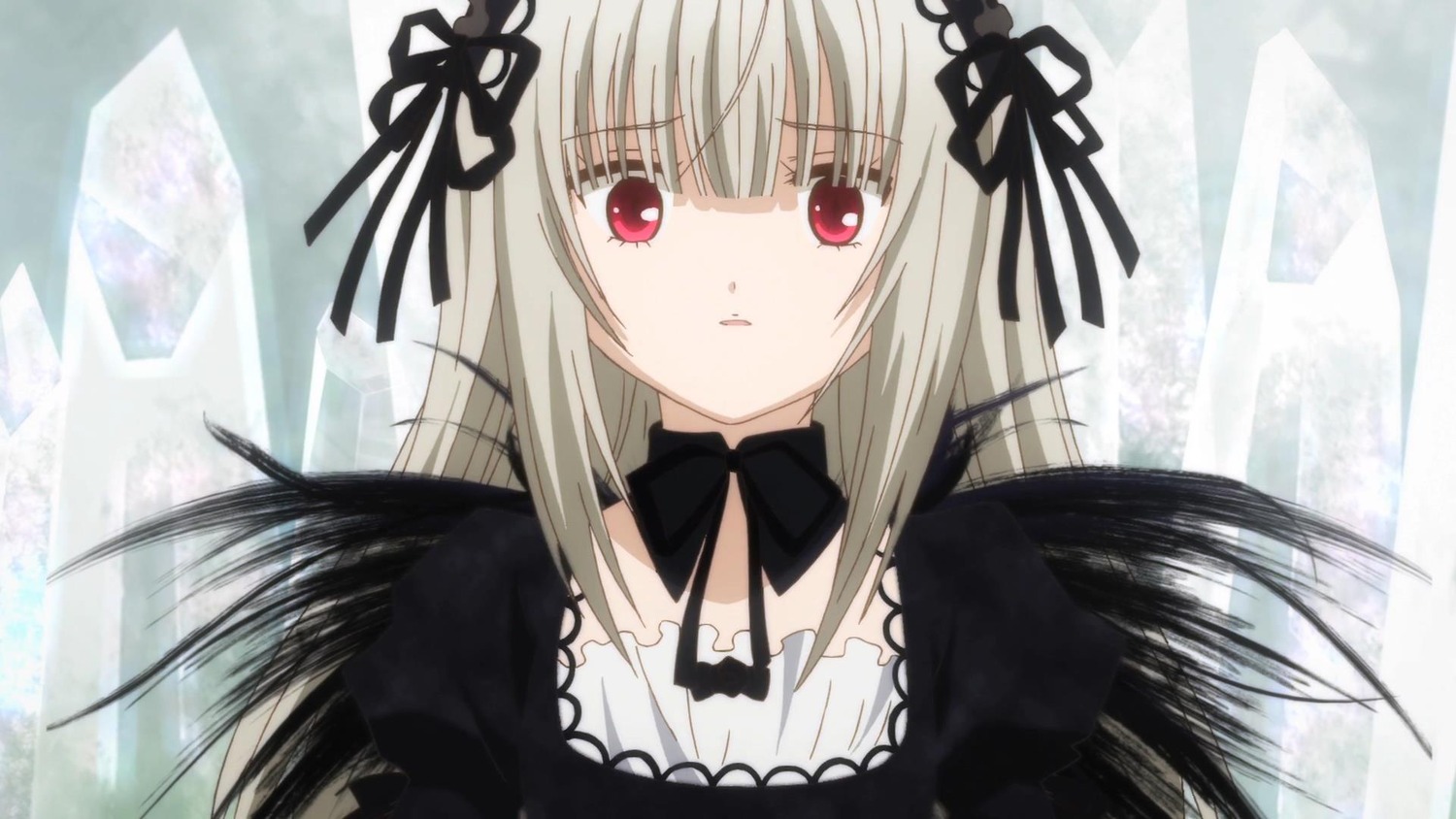 1girl bangs black_ribbon black_wings detached_collar dress expressionless flower hairband image long_hair long_sleeves looking_at_viewer puffy_sleeves red_eyes ribbon rose silver_hair solo suigintou upper_body wings