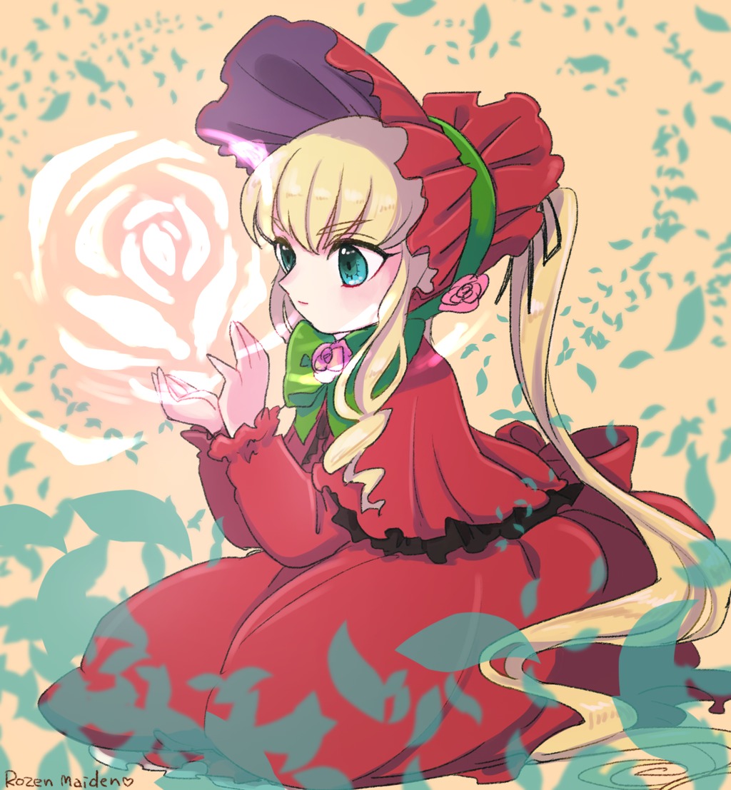 1girl artist_name auto_tagged blonde_hair blue_eyes bonnet bow bowtie capelet dress flower green_bow image long_hair long_sleeves pink_rose red_capelet red_dress rose shinku solo very_long_hair yellow_background