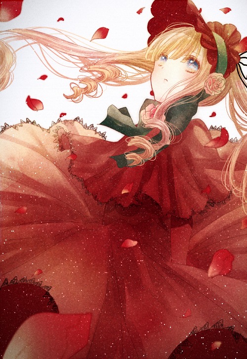 1girl blonde_hair blue_eyes capelet dress flower image long_hair looking_at_viewer petals red_capelet red_dress rose rose_petals shinku solo twintails