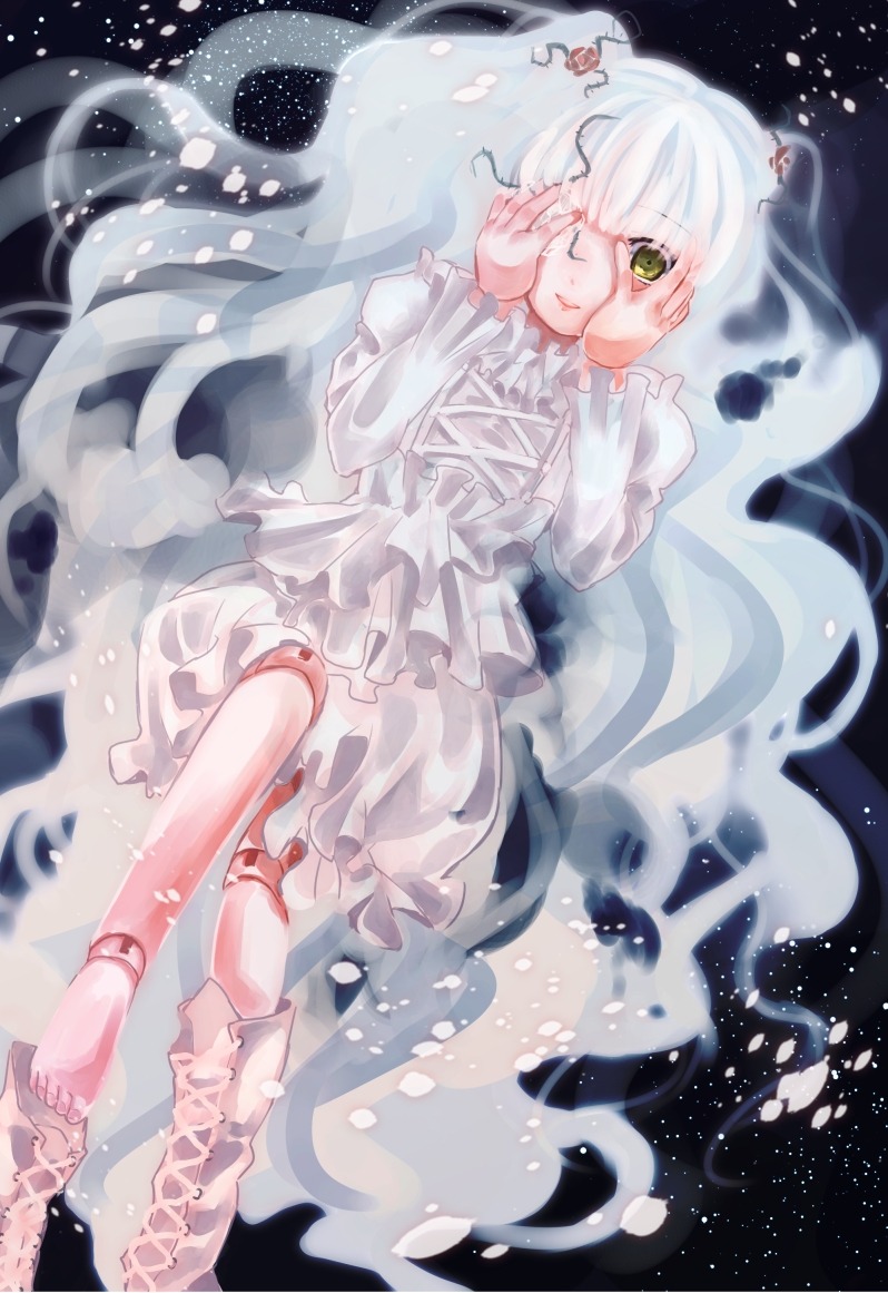 1girl barefoot doll_joints dress frills full_body green_eyes hair_ornament image joints kirakishou long_hair long_sleeves lying one_eye_closed solo star_(sky) very_long_hair white_dress white_hair