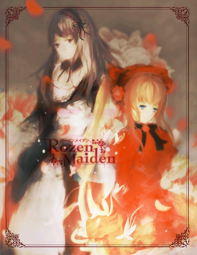 2girls blonde_hair blue_eyes bow bug butterfly dress flower image insect long_hair multiple_girls pair red_dress rose shinku silver_hair suigintou