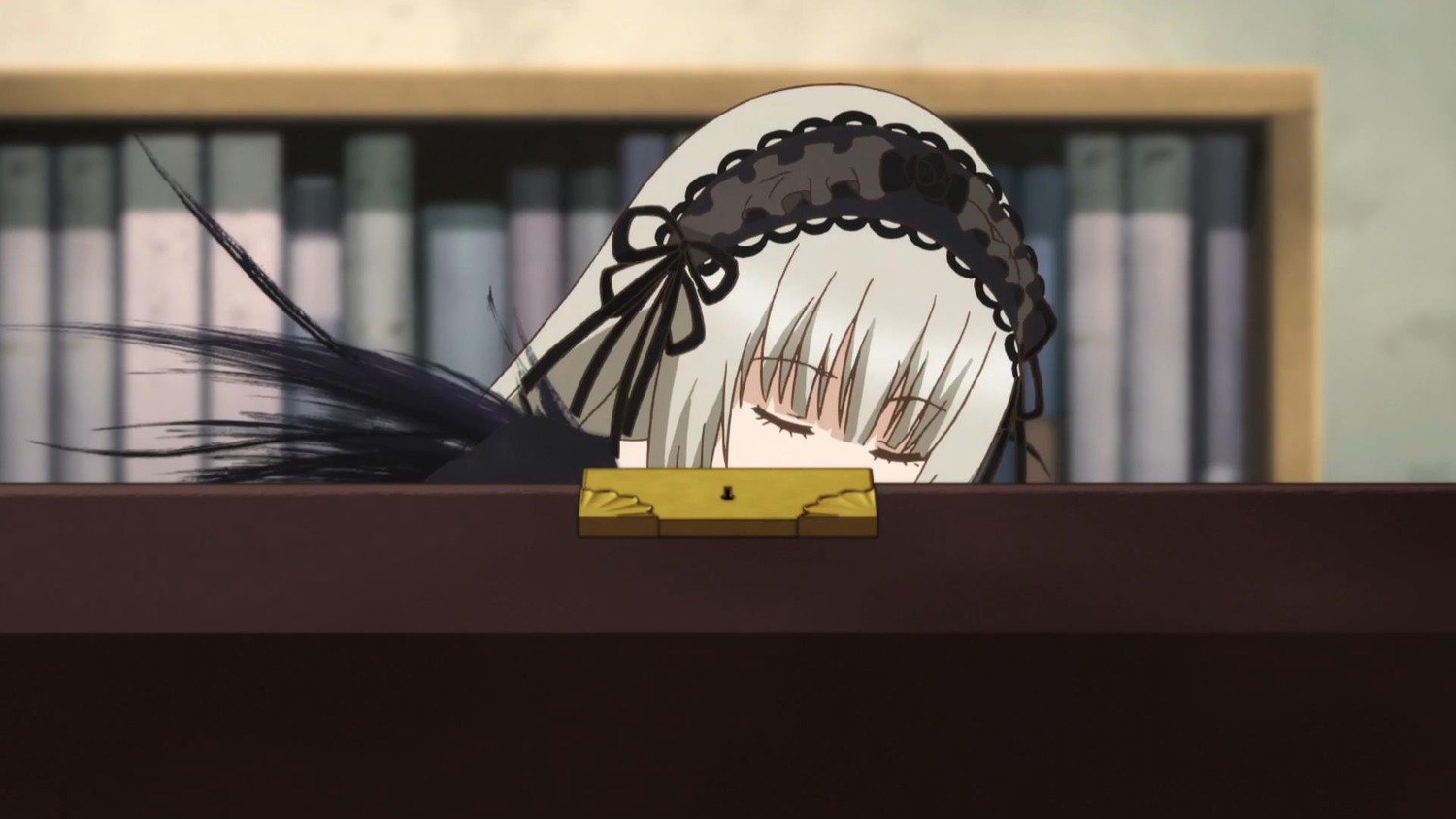 1girl bangs black_hairband blurry blurry_background closed_eyes depth_of_field eyebrows_visible_through_hair hairband image long_hair ribbon silver_hair solo suigintou
