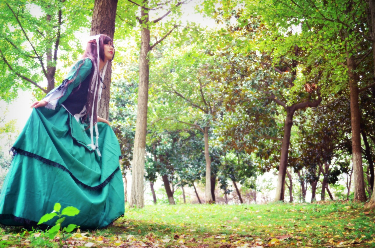 1girl day grass long_hair long_sleeves nature pink_hair scenery sitting solo suiseiseki tree very_long_hair