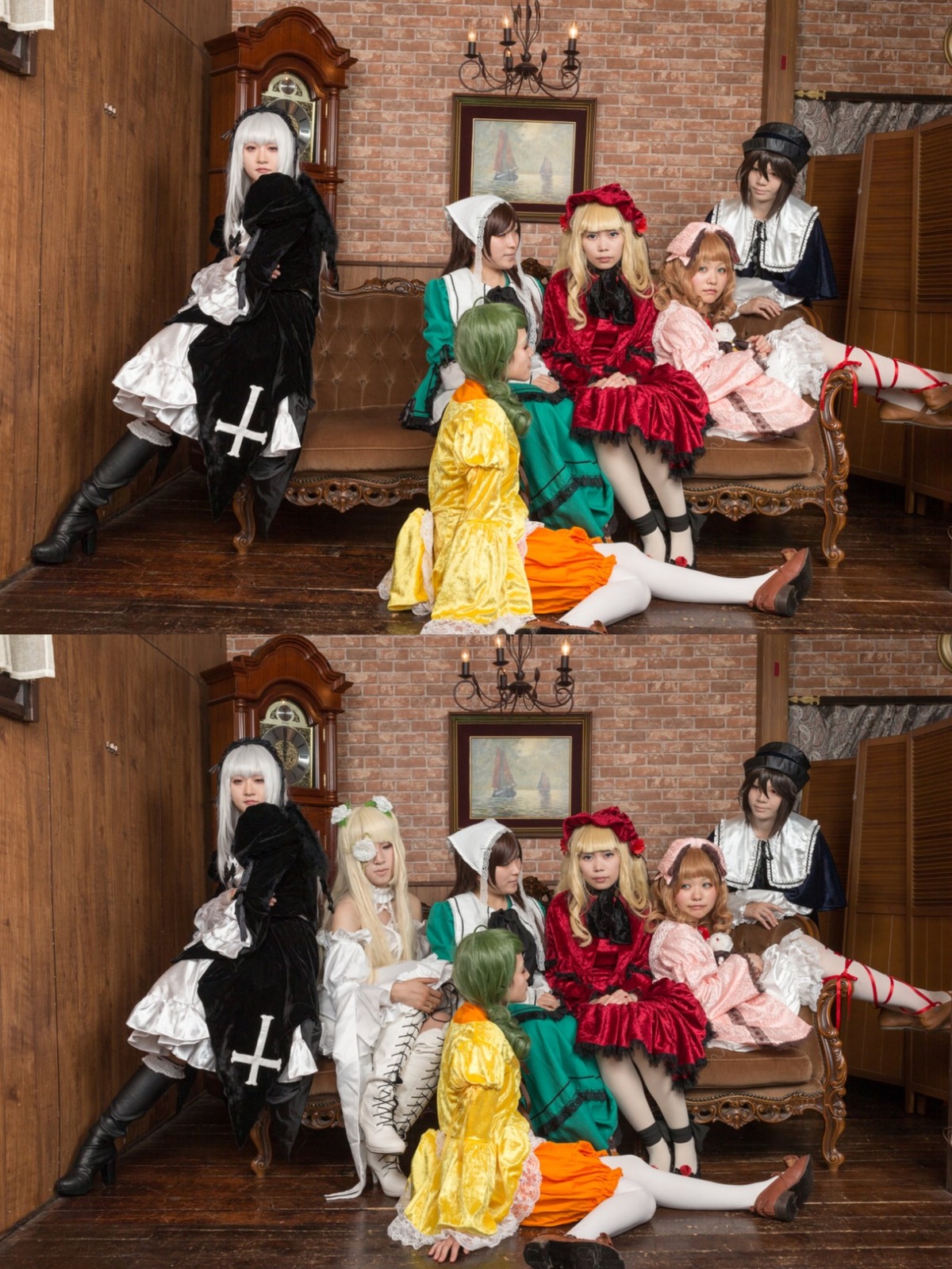 6+girls black_hair blonde_hair boots cape dress green_hair hair_ornament hat multiple_boys multiple_cosplay multiple_girls orange_hair pantyhose short_hair tagme