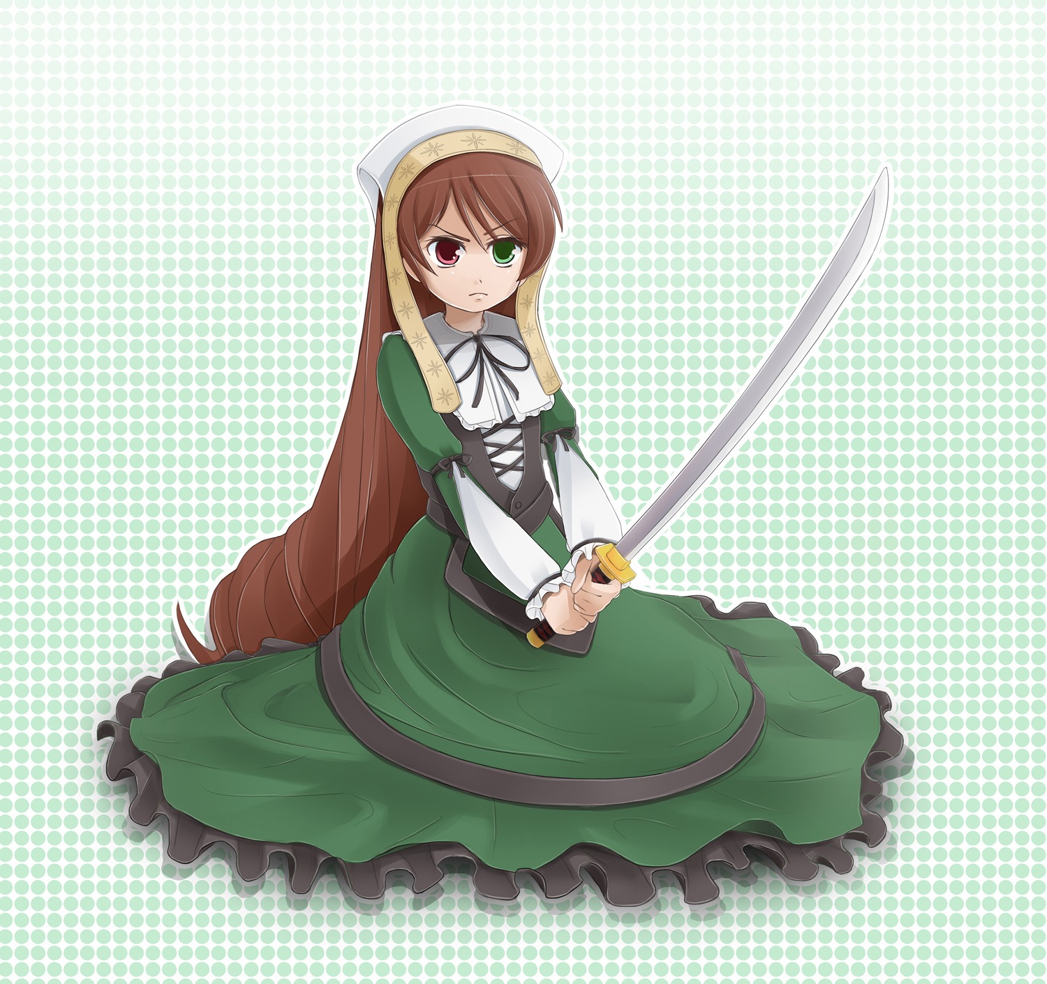 1girl brown_hair dress frills green_dress green_eyes halftone halftone_background heterochromia image long_hair long_sleeves looking_at_viewer polka_dot polka_dot_background polka_dot_dress red_eyes serious solo suiseiseki very_long_hair