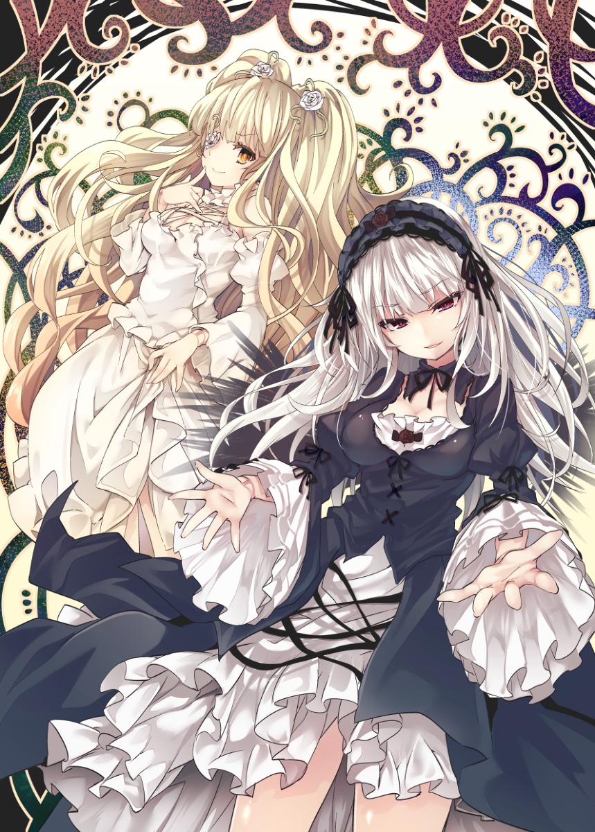 2girls blonde_hair dress flower frills hairband image kirakishou lolita_fashion lolita_hairband long_hair long_sleeves looking_at_viewer multiple_girls pair red_eyes silver_hair smile suigintou very_long_hair white_dress yellow_eyes