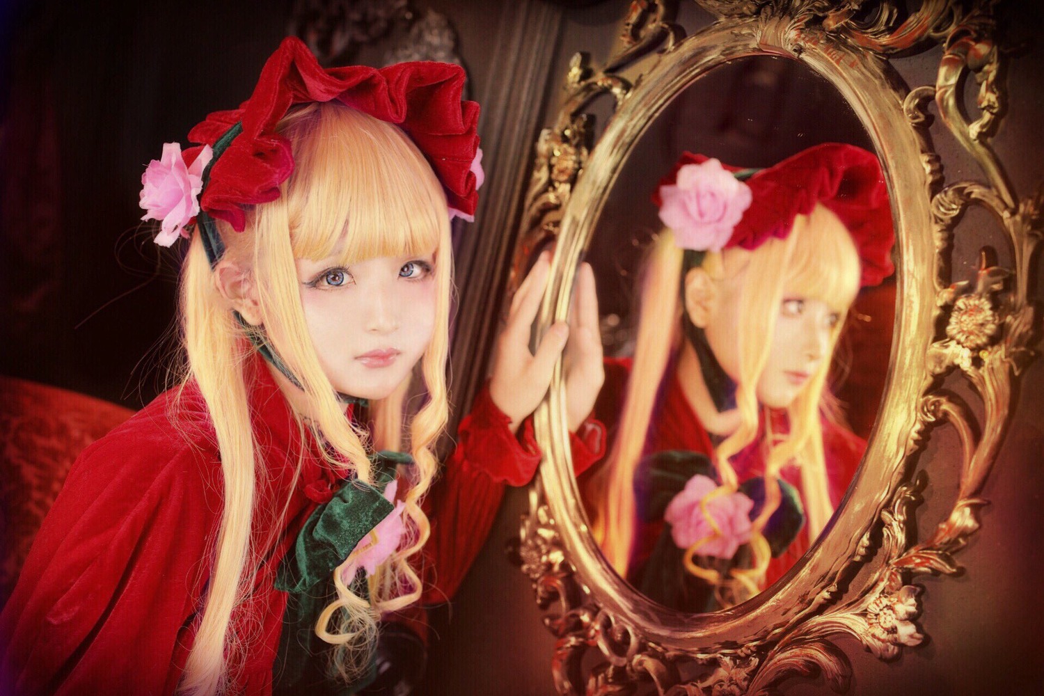 1girl bangs blonde_hair blue_eyes flower hair_flower hair_ornament jewelry lips long_hair looking_at_viewer portrait realistic rose shinku solo