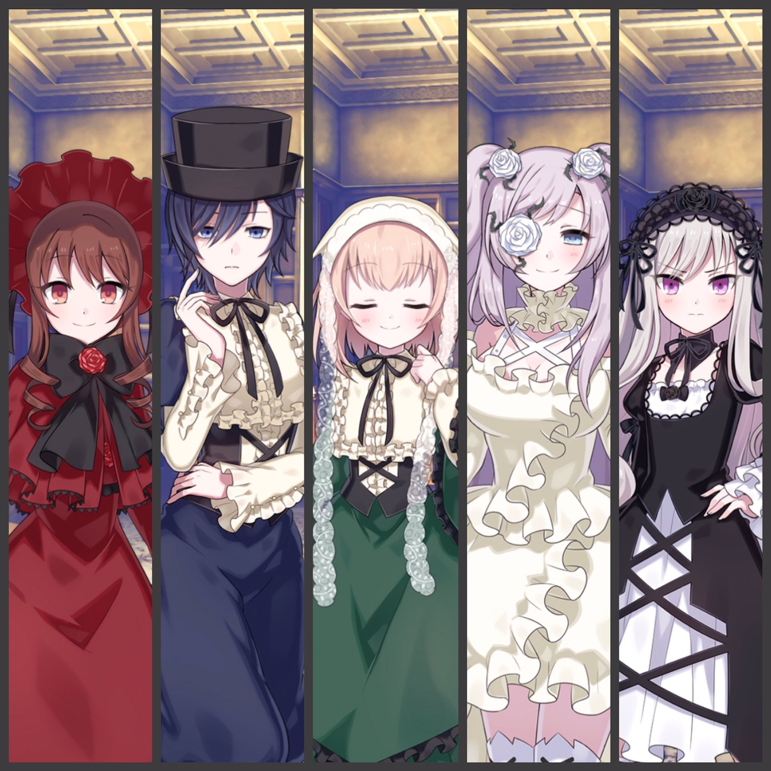 4girls 5girls black_hair black_headwear black_neckwear black_ribbon blue_eyes blue_hair blush bow brown_hair capelet closed_eyes closed_mouth dress flower frills gothic_lolita hair_flower hair_ornament hairband hat image lolita_fashion lolita_hairband long_hair long_sleeves looking_at_viewer multiple multiple_girls red_eyes red_skirt ribbon rose shirt smile tagme thighhighs white_flower white_rose white_shirt wide_sleeves