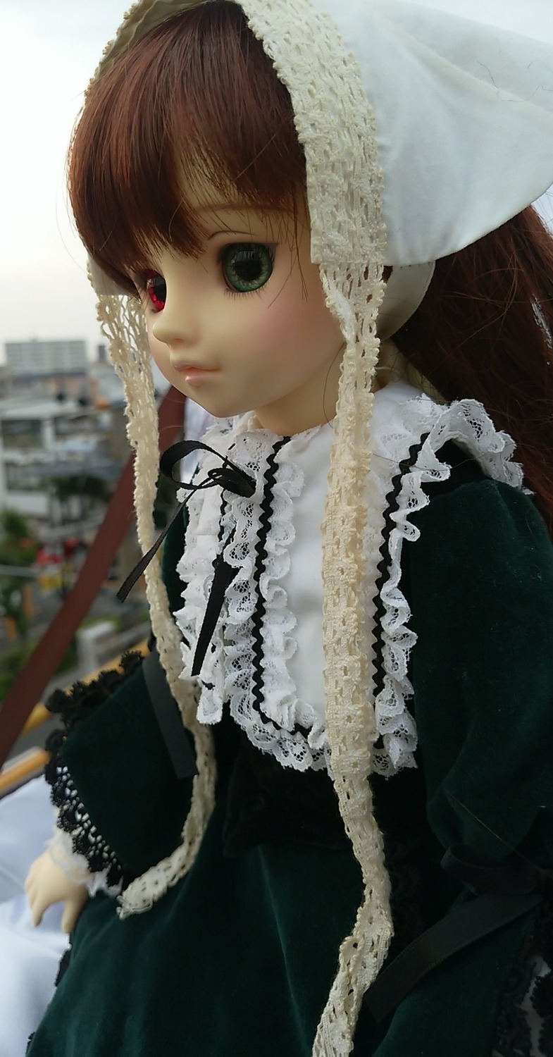 1girl 3d bangs blurry brown_hair closed_mouth doll dress frills green_eyes hat heterochromia lace lips lolita_fashion long_hair long_sleeves looking_at_viewer red_eyes solo suiseiseki upper_body