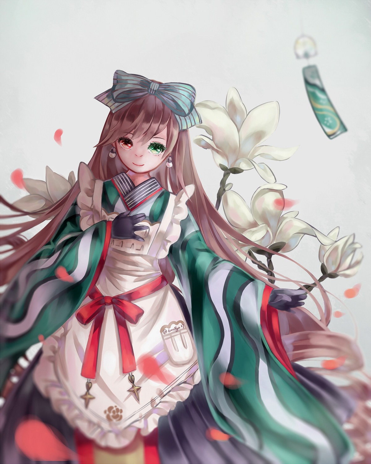 1girl apron bangs blurry blurry_foreground bow brown_hair closed_mouth depth_of_field earrings flower frilled_apron frills gloves green_eyes hair_bow heterochromia image japanese_clothes jewelry kimono long_hair long_sleeves looking_at_viewer petals red_eyes smile solo striped striped_bow suiseiseki very_long_hair virtual_youtuber white_apron wide_sleeves