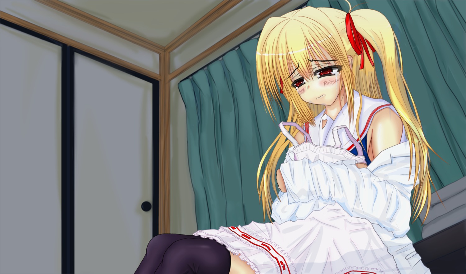 1girl black_legwear blonde_hair blush dress dutch_angle frills hair_ribbon image long_hair red_eyes ribbon shinku sitting solo thighhighs zettai_ryouiki