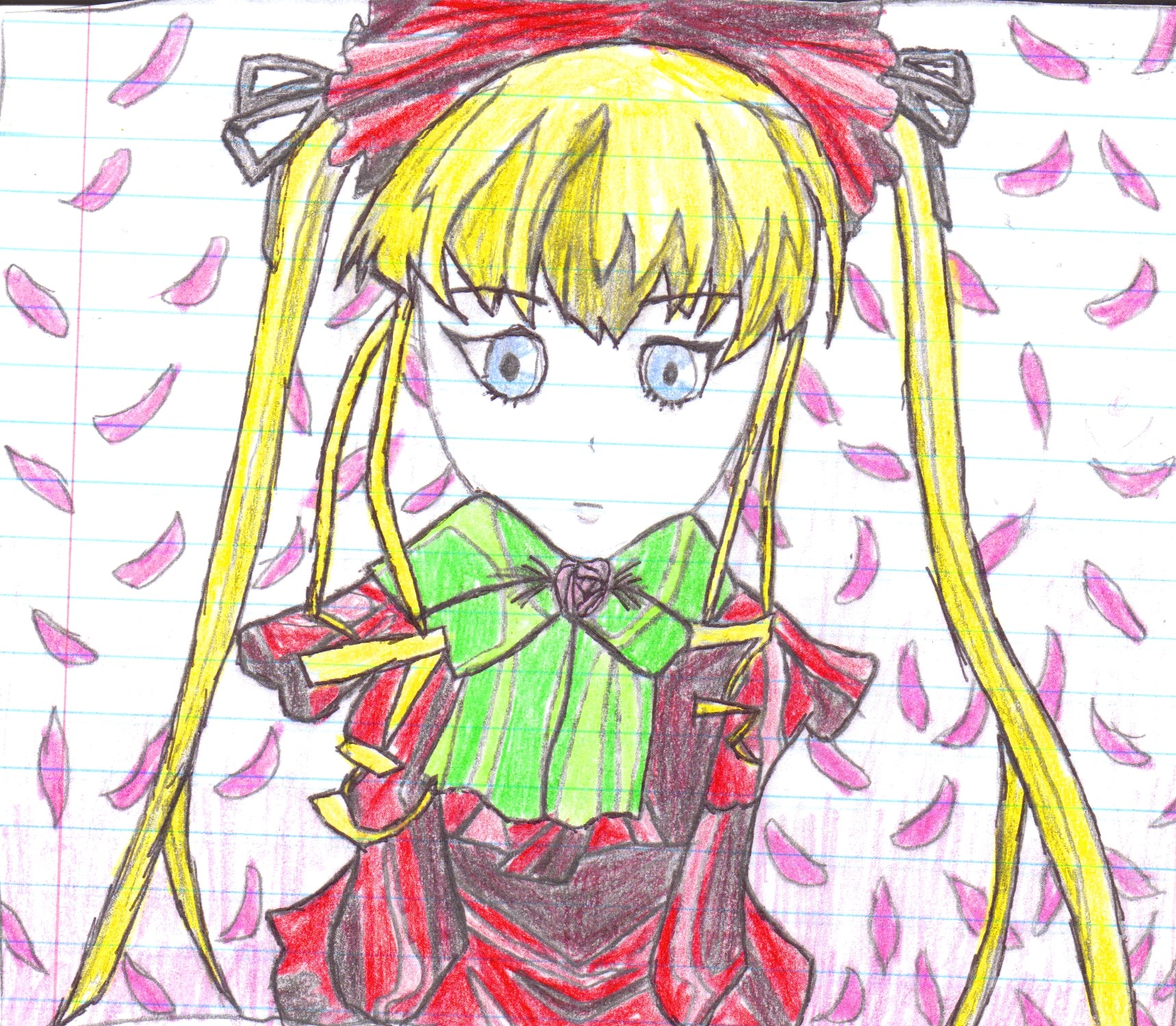 1girl blonde_hair blue_eyes blush cherry_blossoms dress image long_hair marker_(medium) petals pink_flower ribbon rose rose_petals shinku solo tears traditional_media twintails watercolor_(medium)