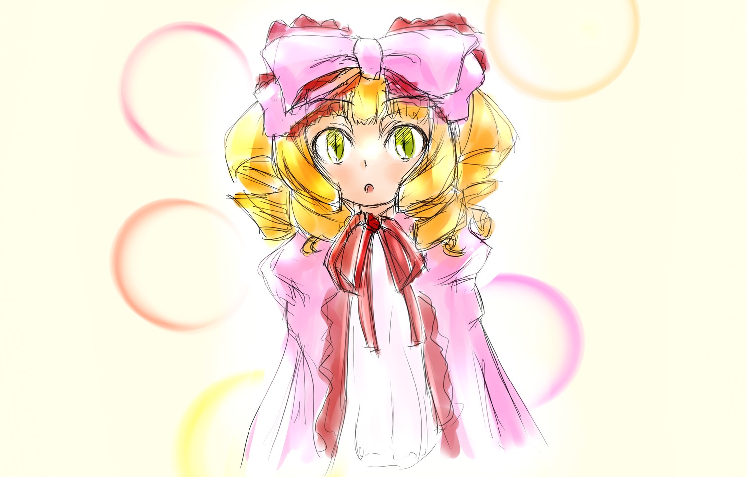 1girl :o auto_tagged blonde_hair bow dress drill_hair green_eyes hat hina_ichigo hinaichigo image long_sleeves looking_at_viewer pink_bow short_hair solo twin_drills upper_body yellow_eyes