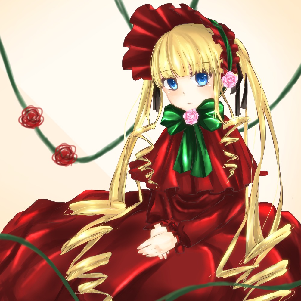 1girl blonde_hair blue_eyes bonnet bow bowtie capelet cup dress drill_hair flower green_bow green_neckwear image long_hair long_sleeves looking_at_viewer pink_flower pink_rose red_capelet red_dress red_flower red_rose rose shinku sitting solo twin_drills twintails v_arms yellow_background