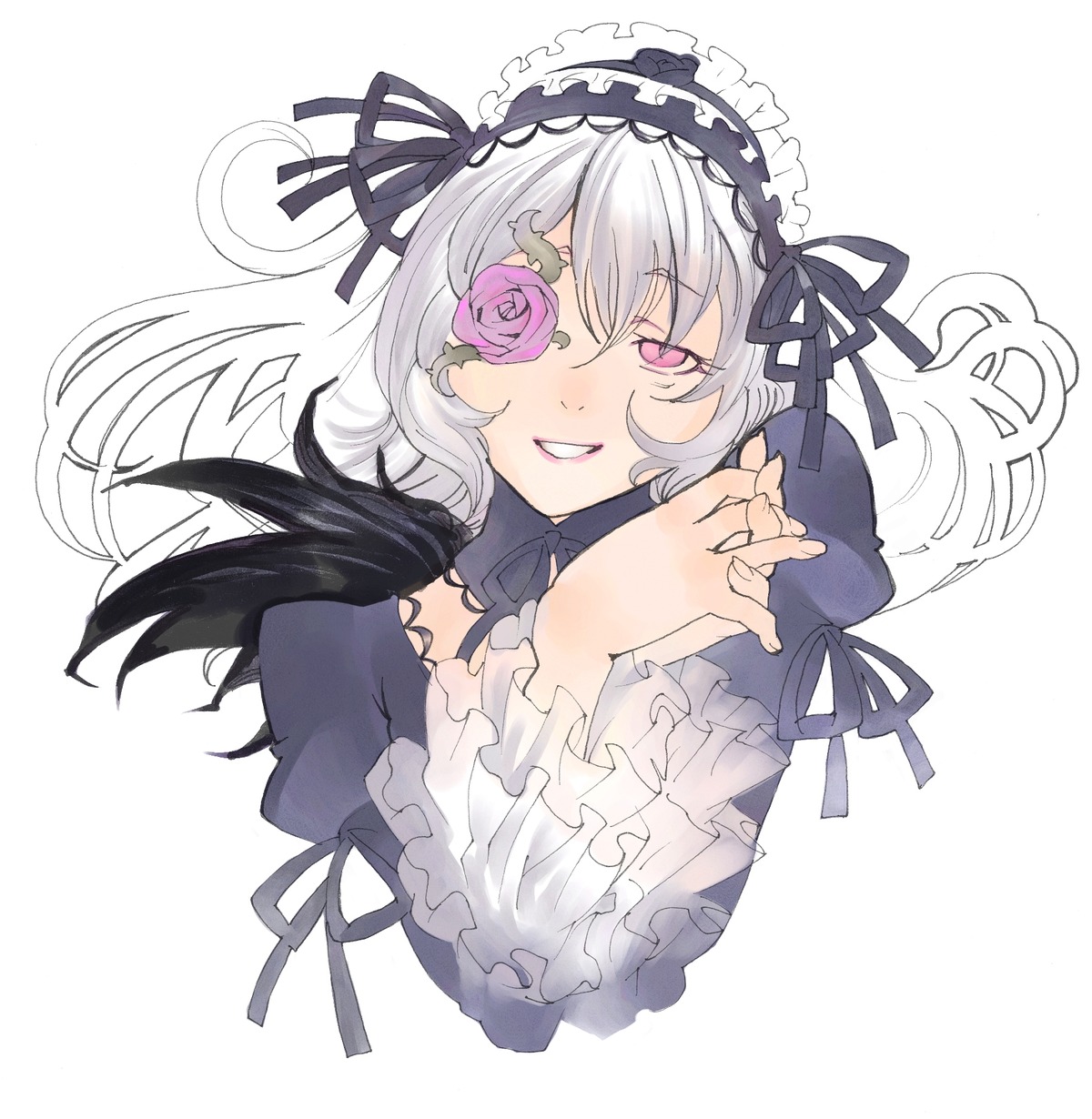 1girl black_ribbon commentary_request costume_switch dress eyepatch flower frills gothic_lolita grin hairband highres image lolita_fashion long_hair long_sleeves looking_at_viewer moruga own_hands_clasped own_hands_together pink_eyes purple_eyes ribbon rose rozen_maiden silver_hair smile solo striped suigintou upper_body white_background wings