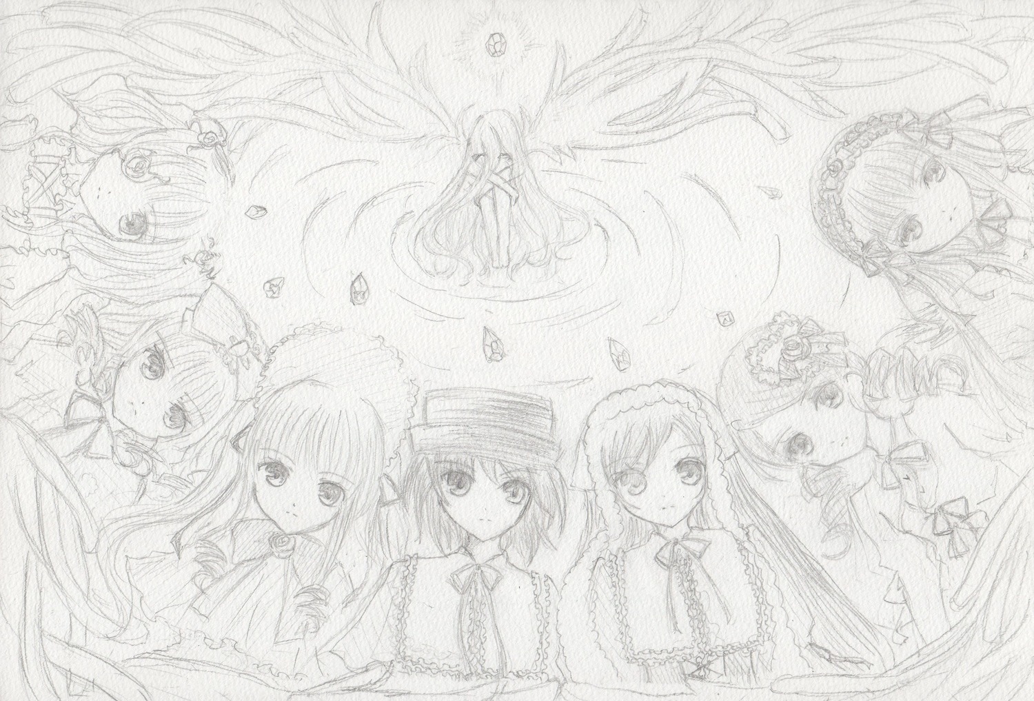 6+girls image long_hair looking_at_viewer monochrome multiple multiple_girls sketch smile tagme traditional_media
