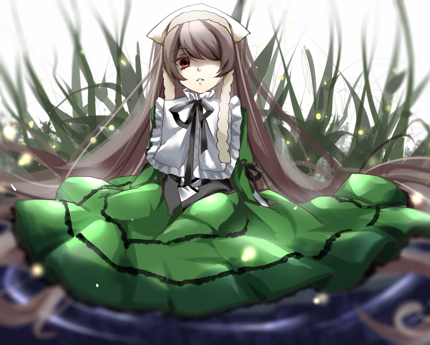 1girl bamboo blurry blurry_foreground depth_of_field dress frills hair_over_one_eye image long_hair long_sleeves looking_at_viewer plant red_eyes sitting solo suiseiseki very_long_hair yokozuwari