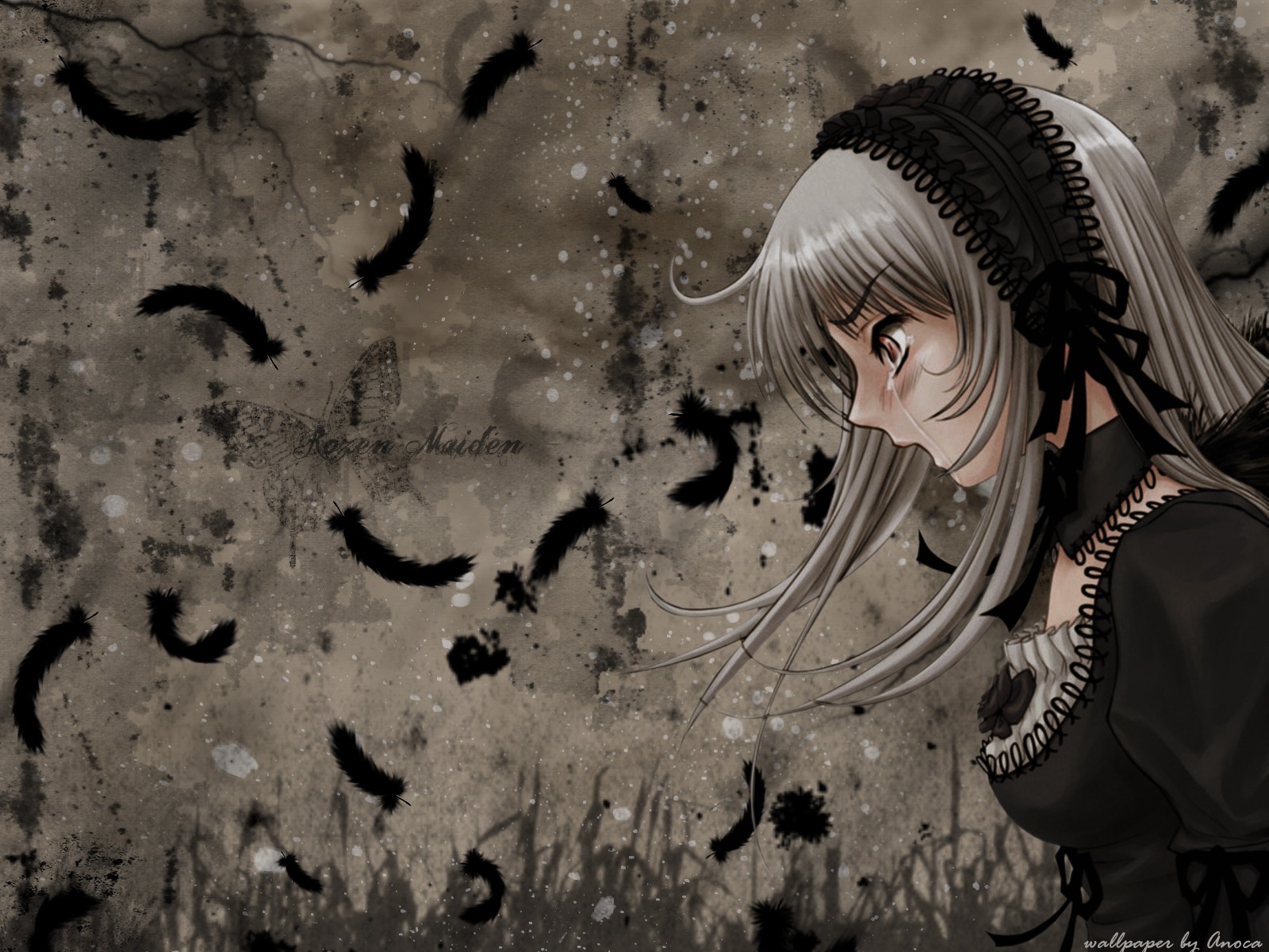 1girl bird black_dress black_feathers black_wings crow dove dress feathered_wings feathers flock flower frills hairband image juliet_sleeves lolita_hairband long_hair long_sleeves puffy_sleeves red_eyes rose seagull silver_hair solo suigintou upper_body white_feathers wings