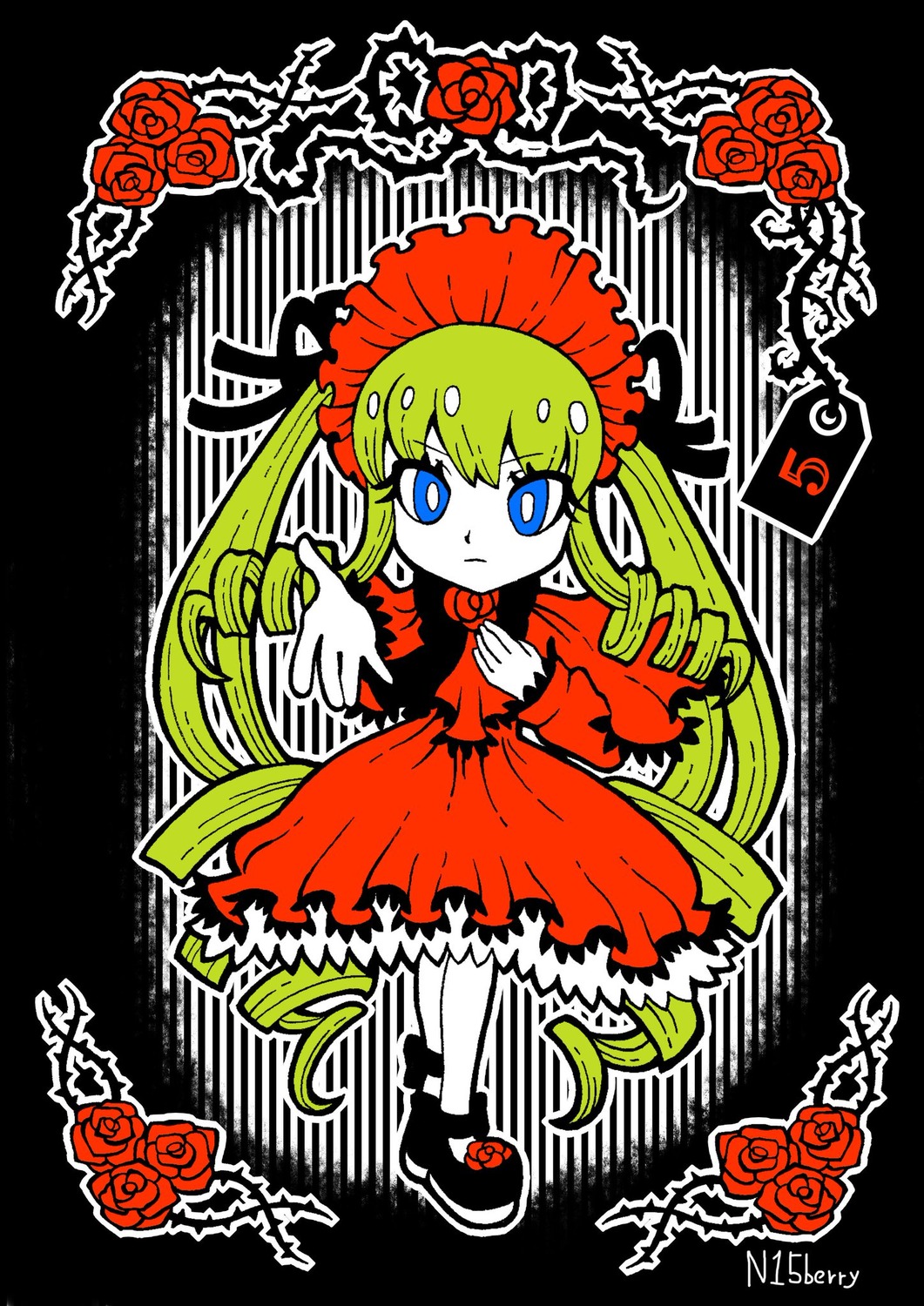 1girl blonde_hair blue_eyes dress drill_hair flower full_body image long_hair long_sleeves red_dress red_flower red_rose rose shinku solo thorns twin_drills twintails very_long_hair vines