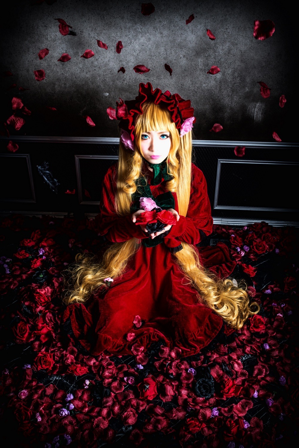 1girl blonde_hair blue_eyes dress drill_hair flower long_hair petals red_dress rose rose_petals shinku sitting solo very_long_hair