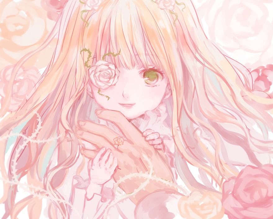 1girl blonde_hair flower green_eyes image kirakishou long_hair pink_flower pink_hair pink_rose pink_theme rose smile solo thorns white_rose