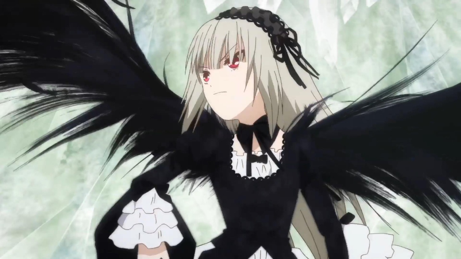1girl black_dress black_ribbon black_wings detached_collar dress feathered_wings frilled_sleeves frills hairband image long_hair long_sleeves red_eyes silver_hair solo suigintou upper_body wings