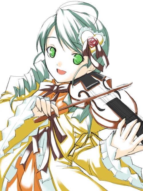 1girl :d ahoge dress drill_hair flower green_eyes green_hair gun hair_ornament image instrument kanaria long_sleeves looking_at_viewer music open_mouth playing_instrument ribbon ribi rose rozen_maiden simple_background smile solo violin weapon white_background wide_sleeves yellow_dress