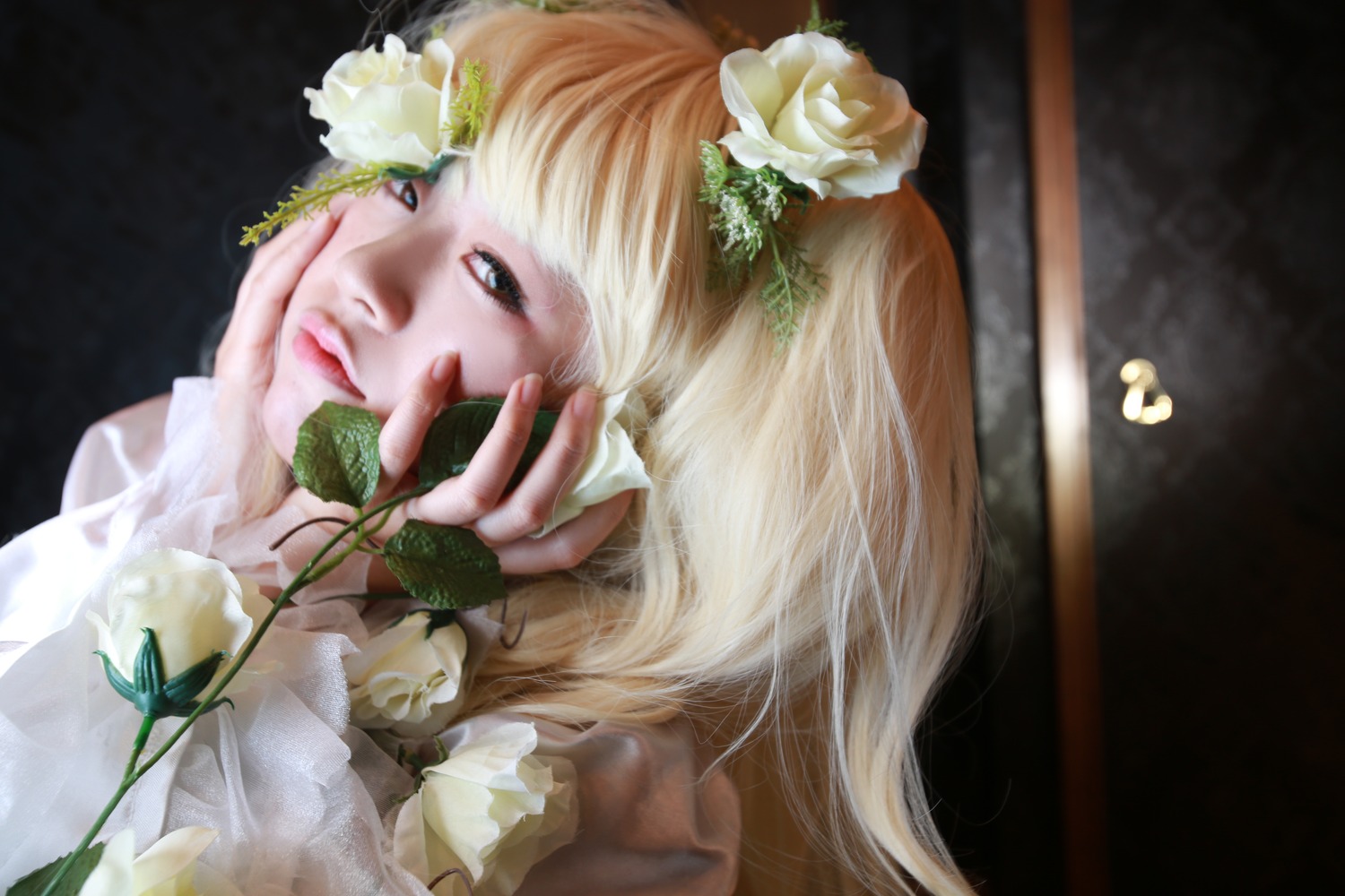 1girl blonde_hair blue_eyes face flower hair_ornament kirakishou lips long_hair portrait realistic solo white_flower white_rose