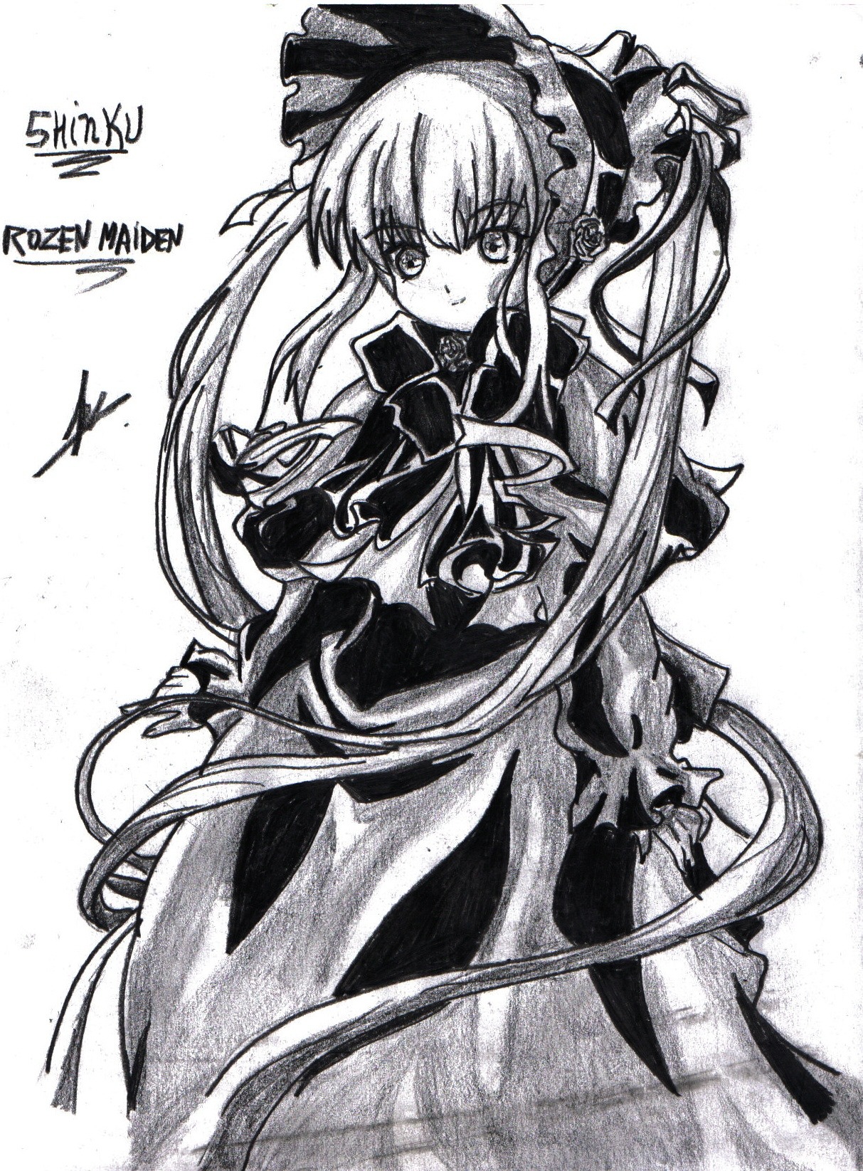 1girl bonnet bow dress frills greyscale image long_hair long_sleeves looking_at_viewer monochrome shinku smile solo traditional_media twintails very_long_hair