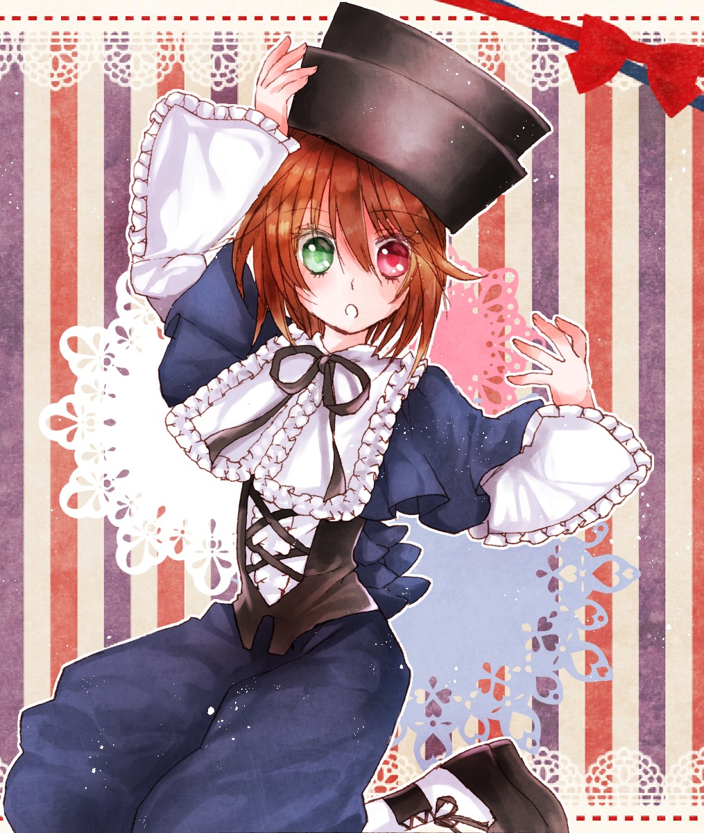 1girl bow brown_hair capelet frilled_sleeves frills green_eyes hat heterochromia image long_sleeves looking_at_viewer red_eyes short_hair solo souseiseki striped_background white_legwear yumeki_kokoro