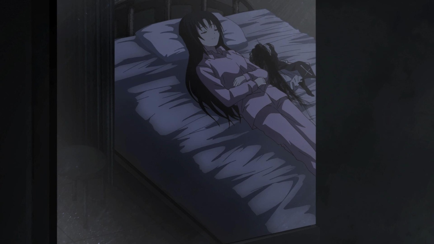 bed closed_eyes dark image indoors kakizaki_megu long_hair lying monochrome night on_back pillow sleeping solo suigintou