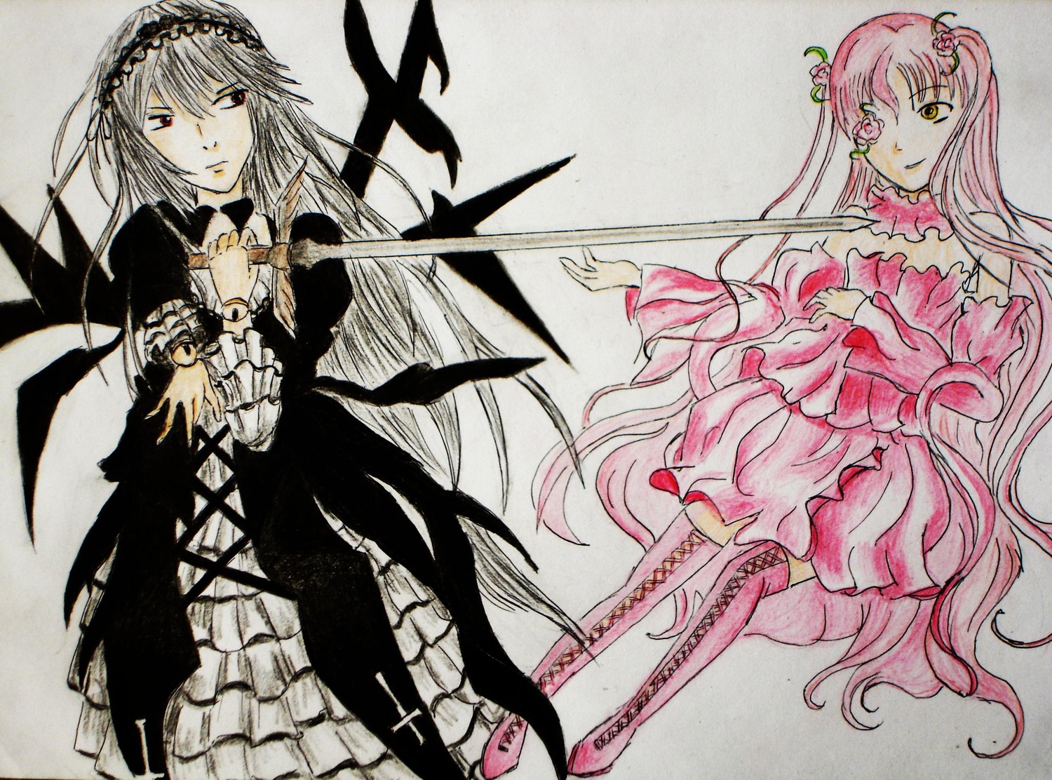 2girls boots dress flower frills holding holding_weapon image kirakishou long_hair long_sleeves multiple_girls pair pink_hair ribbon souseiseki standing suigintou traditional_media very_long_hair weapon wings yellow_eyes