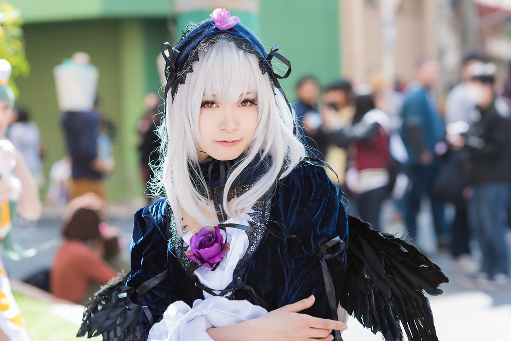 3d black_dress blurry blurry_background blurry_foreground depth_of_field dress figure flower hairband long_hair looking_at_viewer photo red_eyes smile solo solo_focus suigintou wings