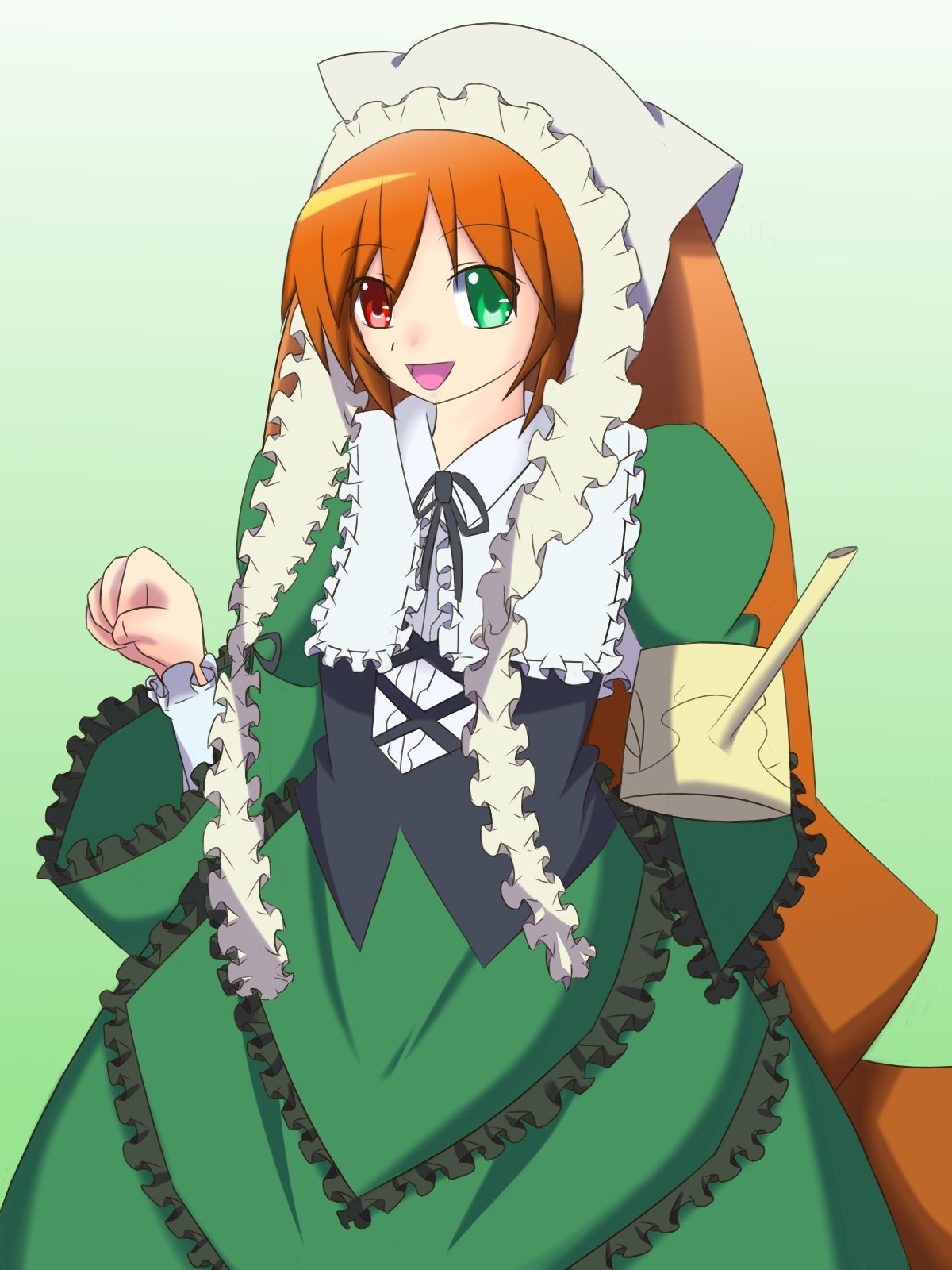 1girl :d dress frills green_background green_dress green_eyes heterochromia image long_sleeves looking_at_viewer open_mouth red_eyes simple_background smile solo suiseiseki