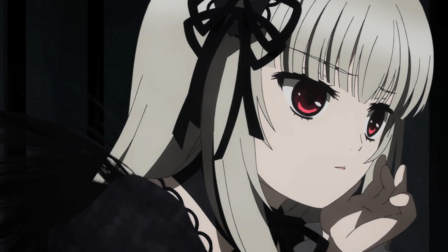 1girl bangs black_ribbon closed_mouth dress expressionless eyebrows_visible_through_hair hair_ribbon hairband image long_hair looking_at_viewer red_eyes ribbon simple_background solo suigintou