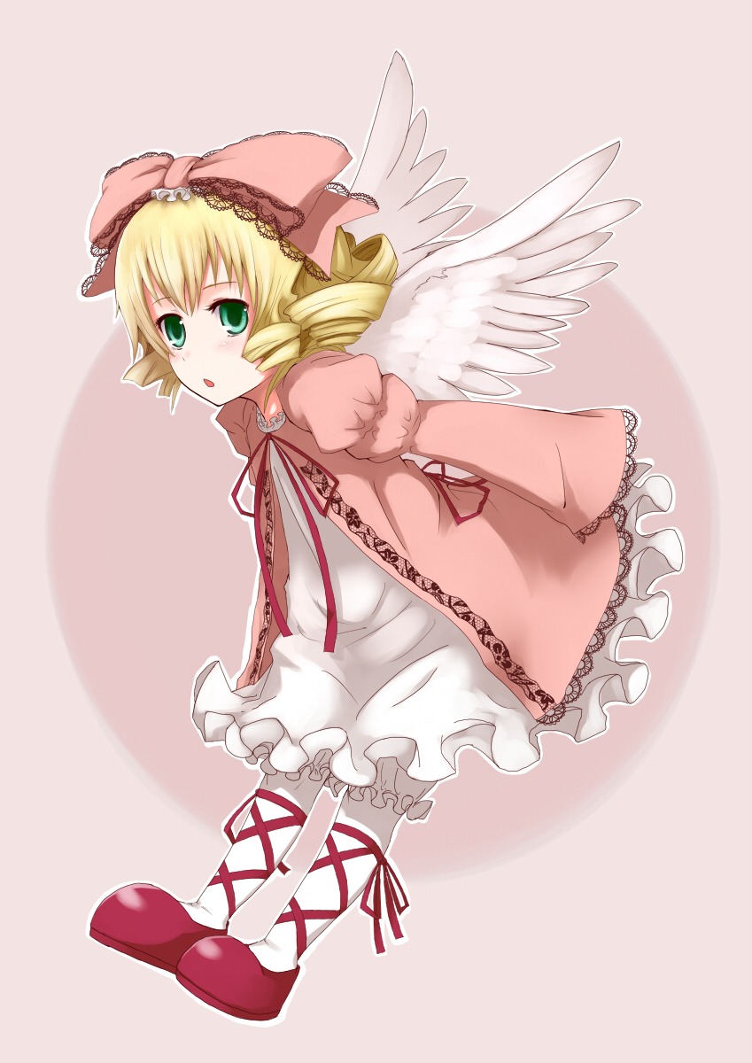 1girl angel_wings blonde_hair bloomers blush bow commentary_request dress drill_hair feathered_wings frills full_body green_eyes hair_bow highres hina_ichigo hinaichigo image long_sleeves looking_at_viewer pantyhose pink_bow pink_dress ribbon rozen_maiden shiro-inu shoes short_hair solo underwear white_legwear white_wings wings