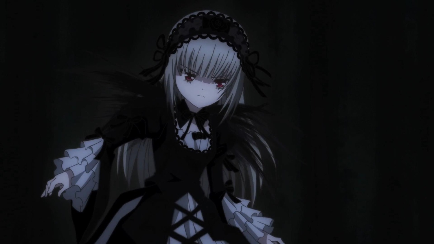 1girl bangs black_background black_dress black_ribbon closed_mouth dress eyebrows_visible_through_hair frills hairband image lolita_fashion long_hair long_sleeves looking_at_viewer red_eyes ribbon silver_hair solo suigintou very_long_hair wide_sleeves