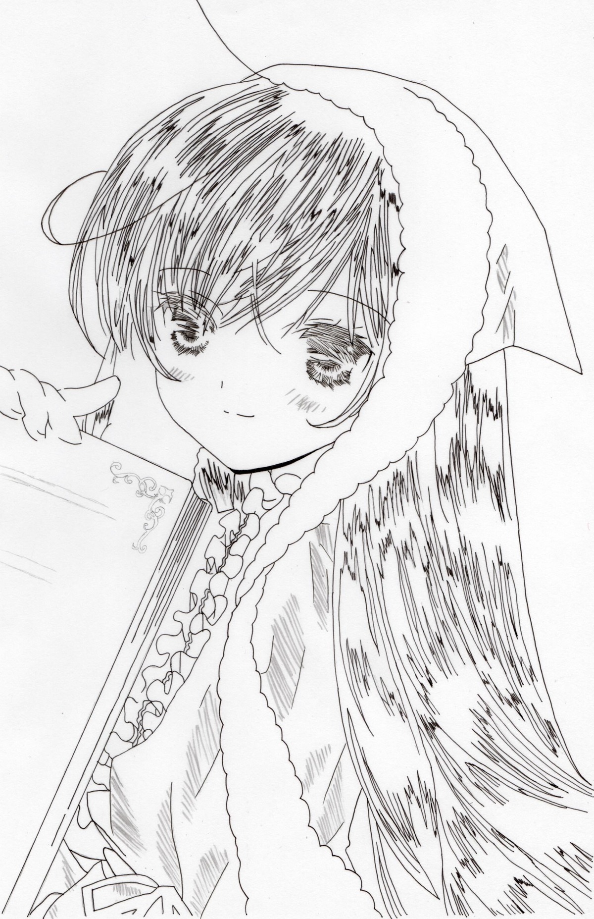 1girl bangs blush closed_mouth eyebrows_visible_through_hair fur_trim greyscale image looking_at_viewer monochrome smile solo suiseiseki upper_body