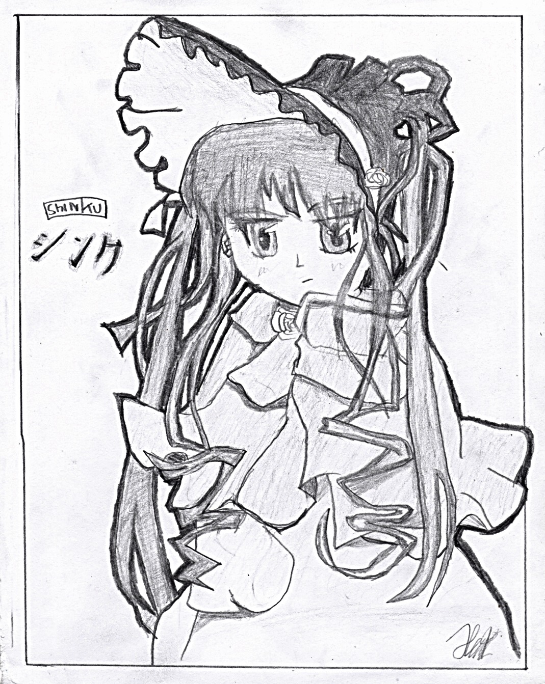 1girl blush border dress graphite_(medium) greyscale hairband image long_hair long_sleeves looking_at_viewer monochrome photo shikishi shinku signature simple_background solo traditional_media white_background