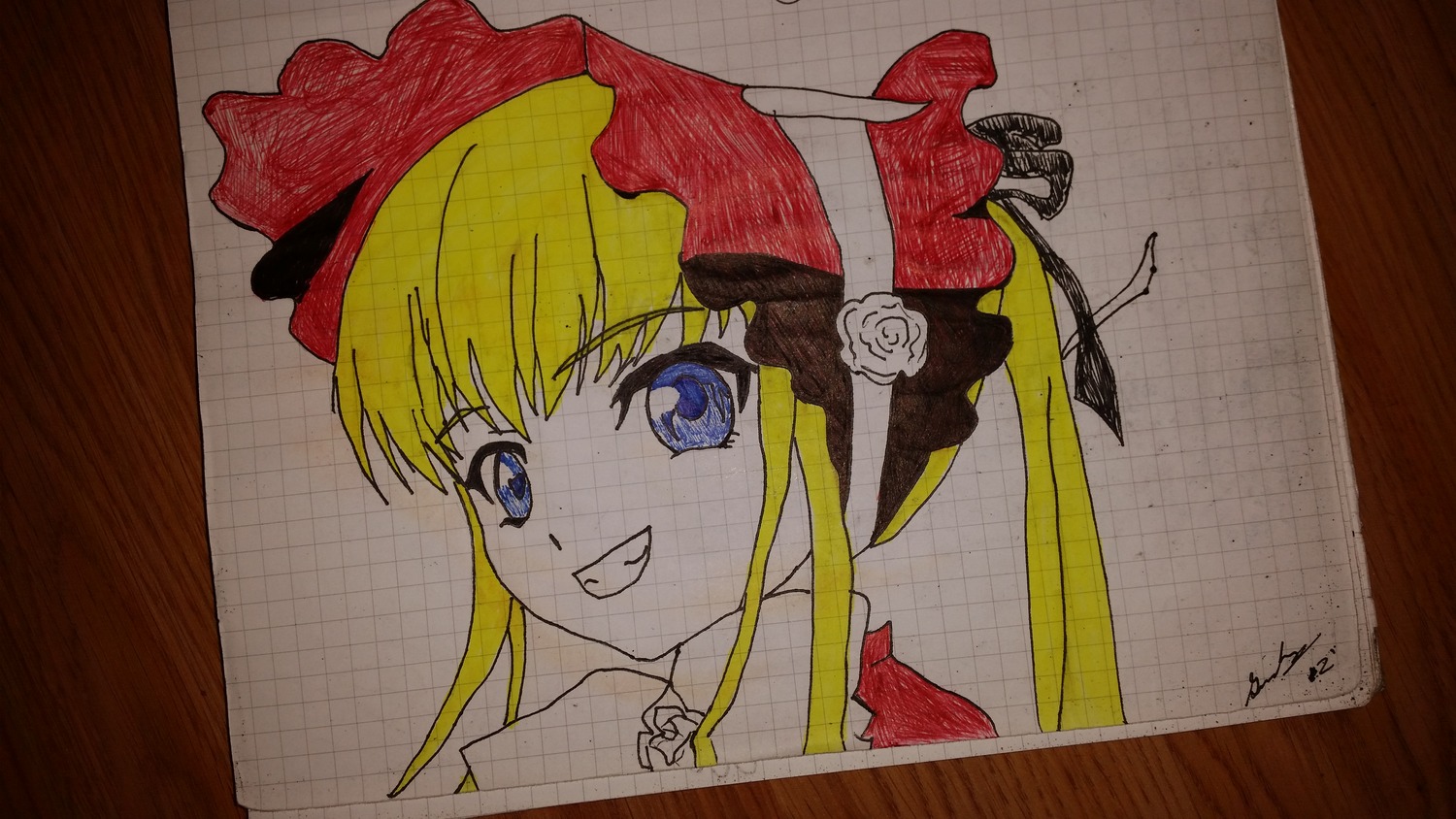 1girl blonde_hair blue_eyes bonnet bow flower grin image looking_at_viewer photo red_rose rose shinku smile solo traditional_media